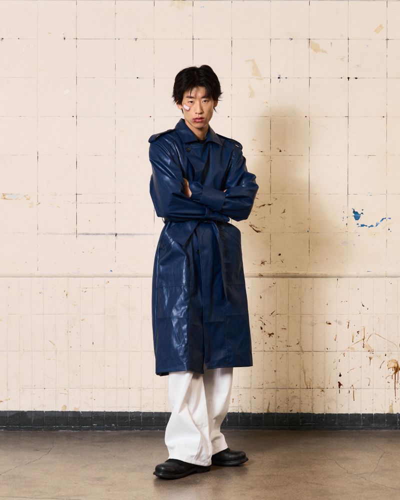Curved Leather Trench coat (Blue)
