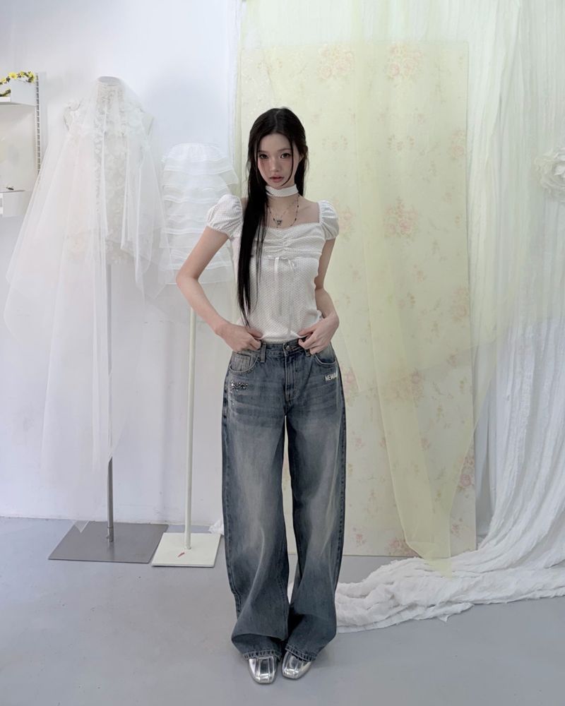 Coco flower wide fit raw Denim