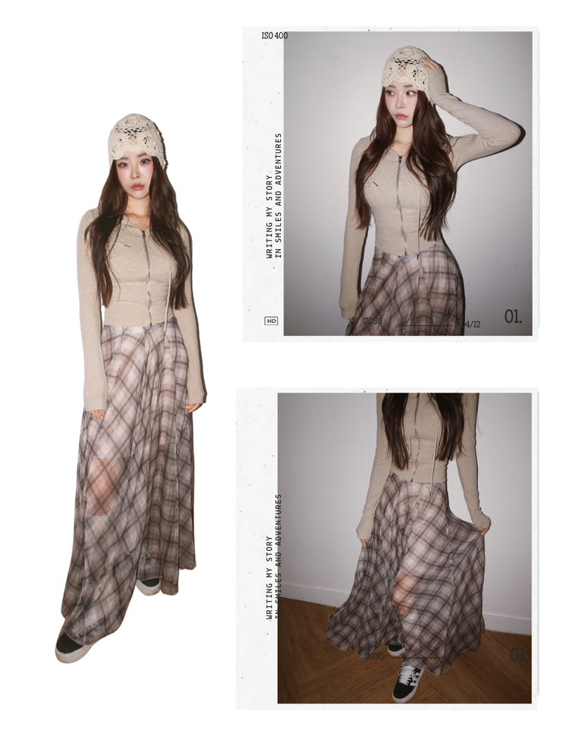 Long Check Chiffon Sharalla Skirt