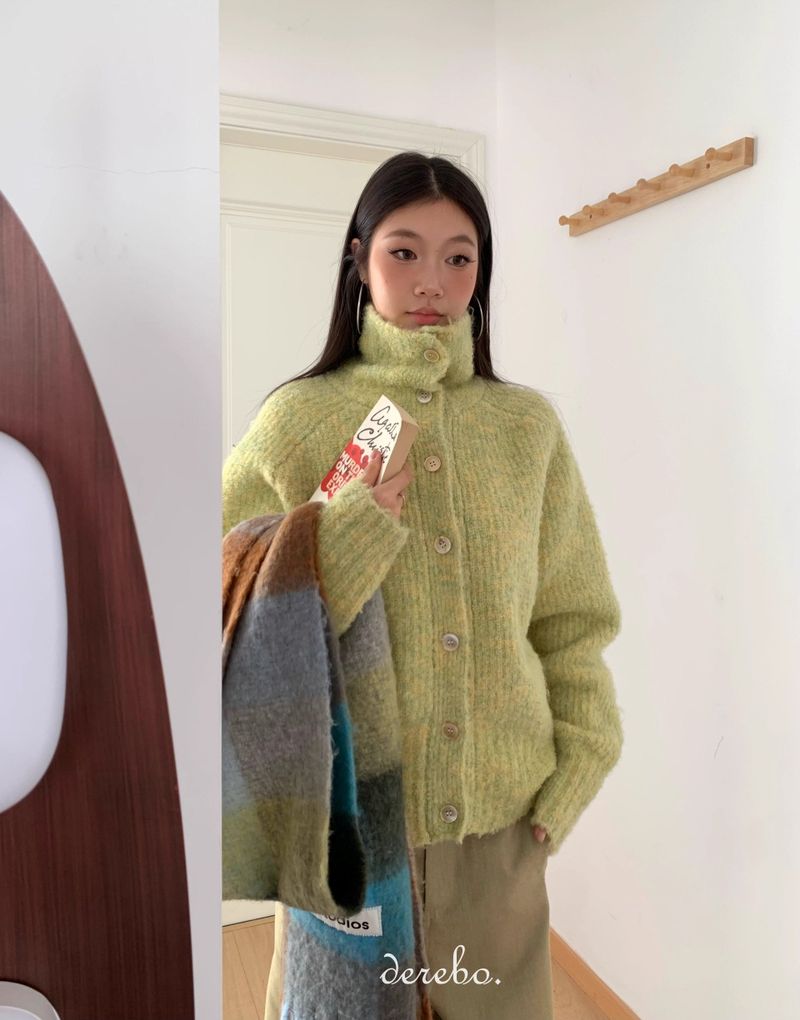 Tender Green Turtleneck Knit Cardigan