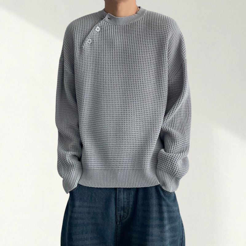 Nerly diagonal snap waffle henley neck knit