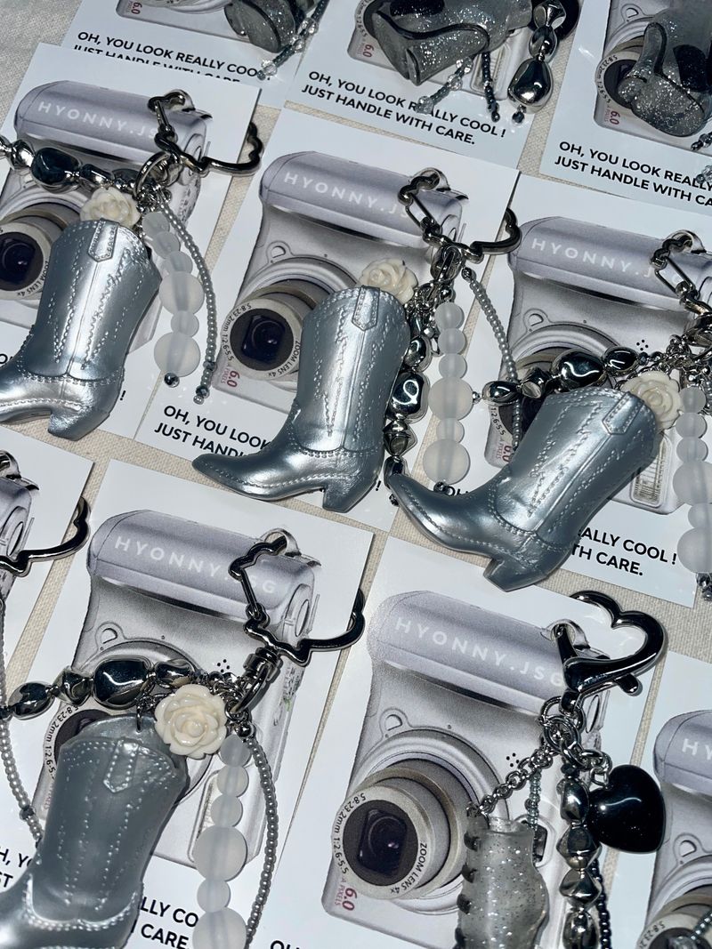 Silver Boots Pendant Rose Keyring Bag Charm