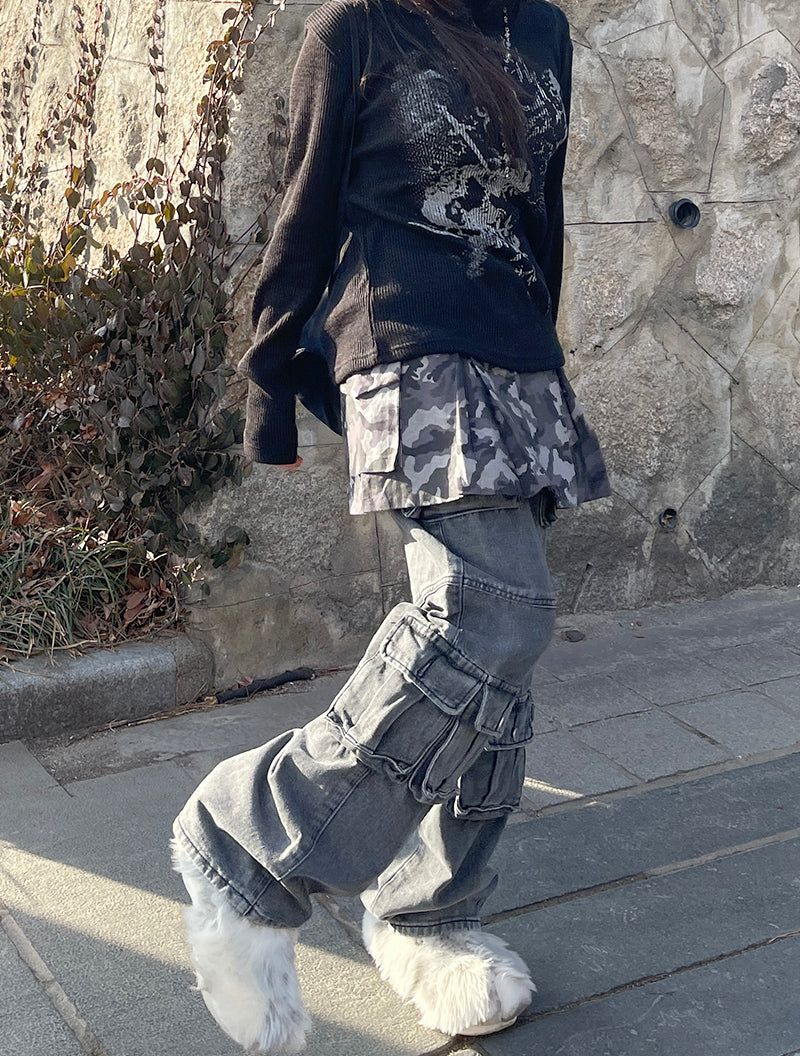 Pocket Camo Pleats Skirt