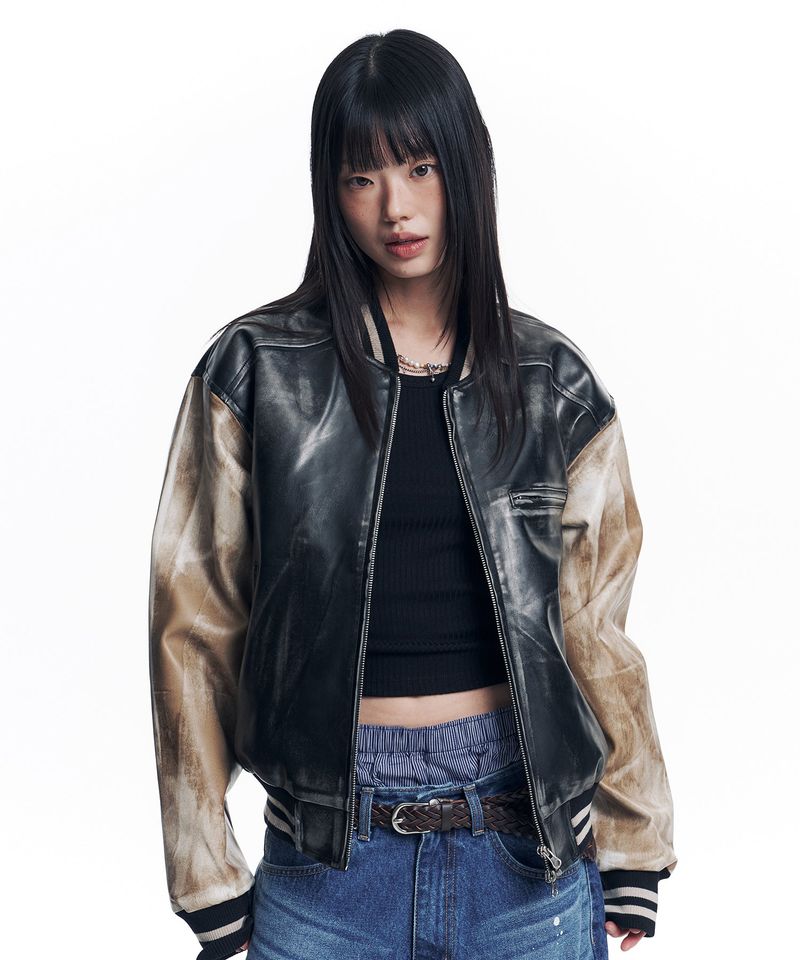 Dirty Washed Leather Varsity Jacket - Black