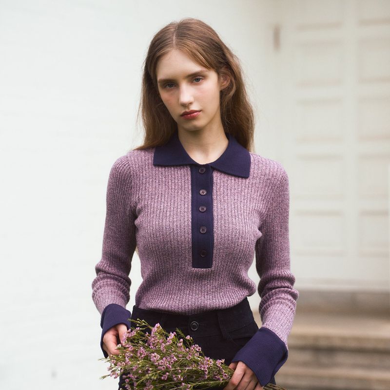 EVMOIU（エブモウ）の「COLOR BLOCK LONG SLEEVED POLO KNIT - PURPLE（Tops）」