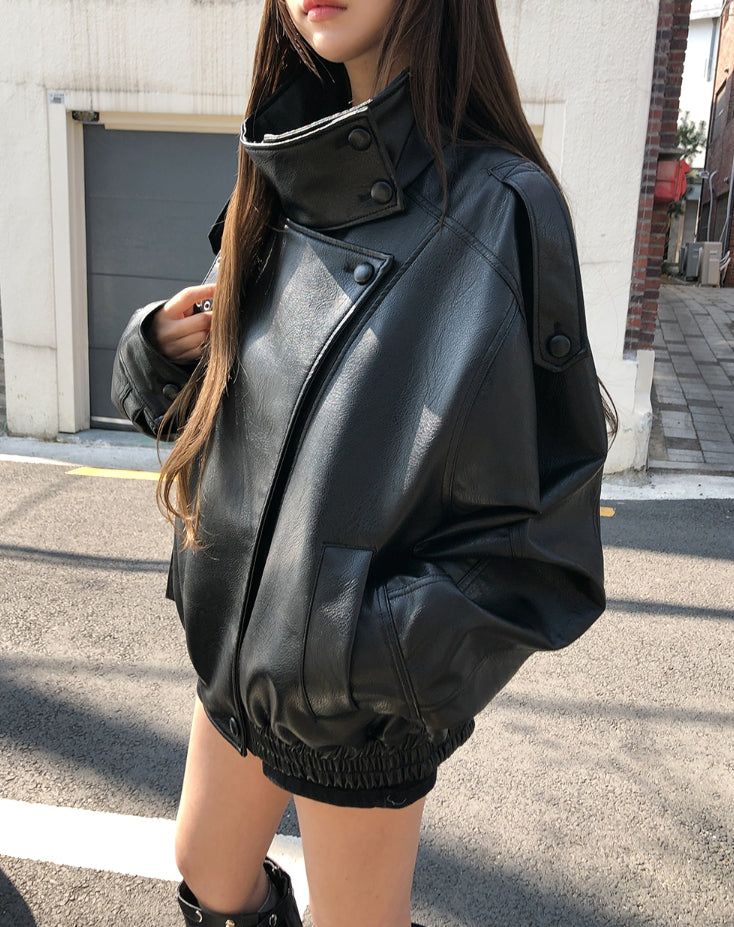Saint High-Neck Unbalanced Leather Jacket