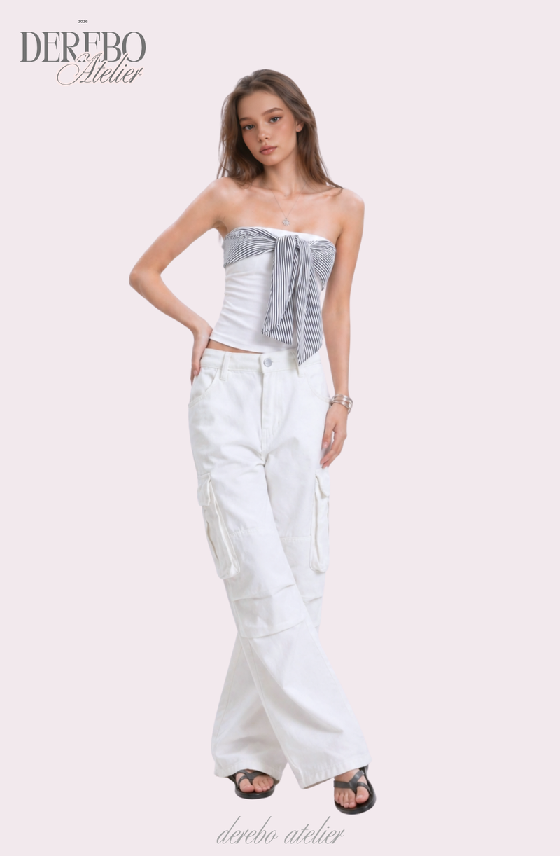 white wide pocket cotton casual pants