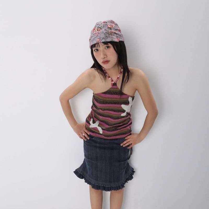 CONFUN 25SS original patch texture striped beaded halter strap