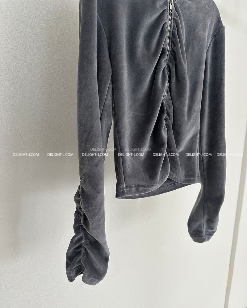 Velvet Shirring Hood Zip-Up