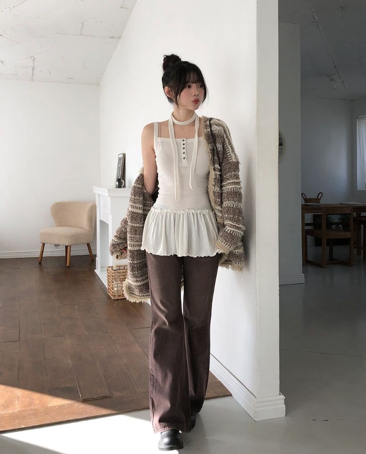 Tiz Button Ruffle Layered Sleeveless Scarf Set
