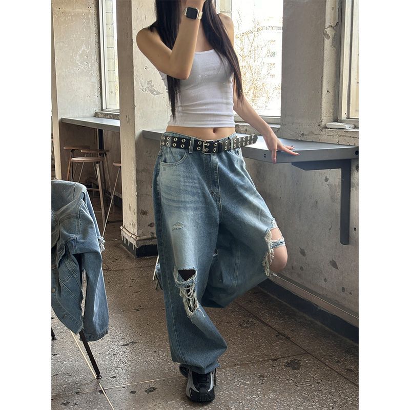  [Unisex] Knee destroyed wide denim pants