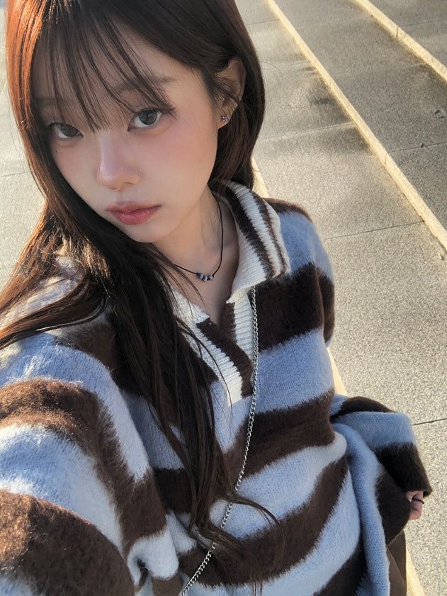 Polki Stripe Collar Brush Over Knit