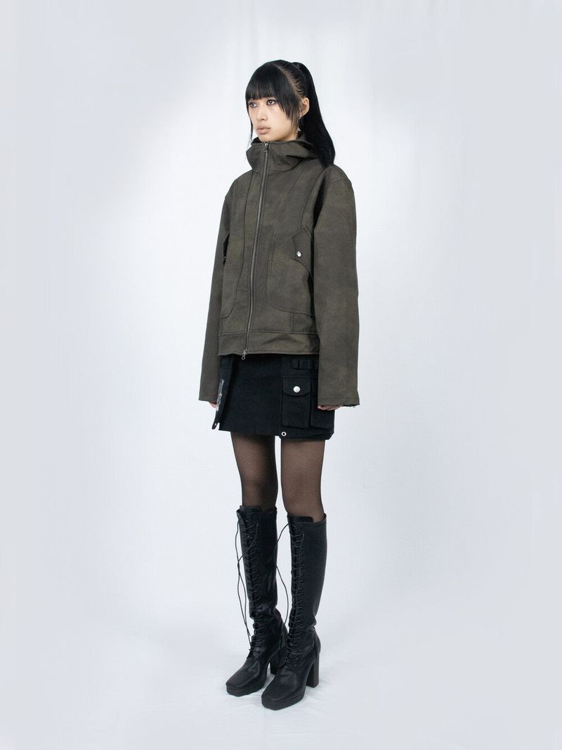 Curved Hood Leather Jacket (Khaki Black)