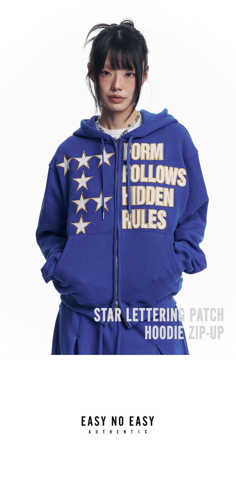 Star Lettering Patch Hoodie Zip-Up - Blue