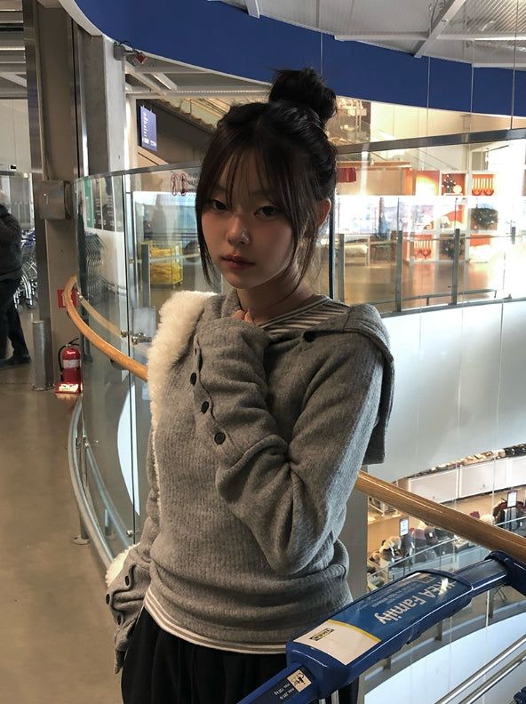 anyonemore（エニーワンモアー）の「[Fleece/Sleeves Button] Rambo Brushed High Neck Ribbed Button Hood Knit（Tops）」