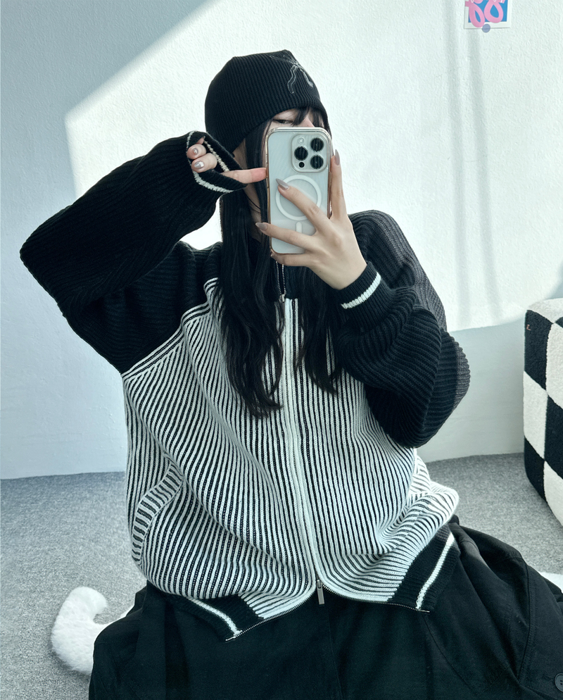 COLOR-BLOCK RAGLAN 2-WAY ZIP-UP🤎🖤🩶🤍 - 3 COLORS