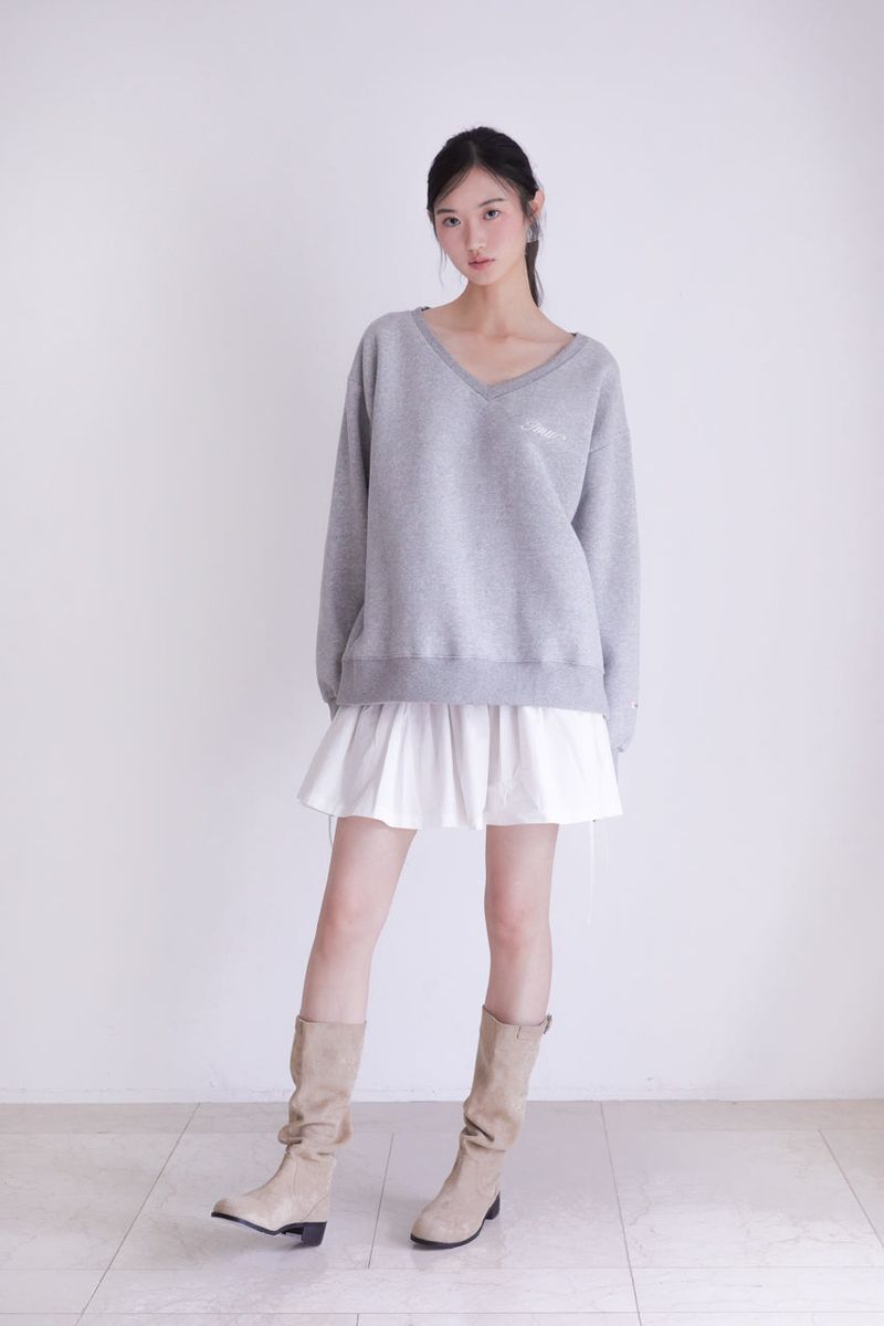 Lettering Deep V-Neck Sweatshirt (MELANGE GREY)