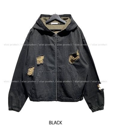 Damage Two Way Denim Hooded Jacket