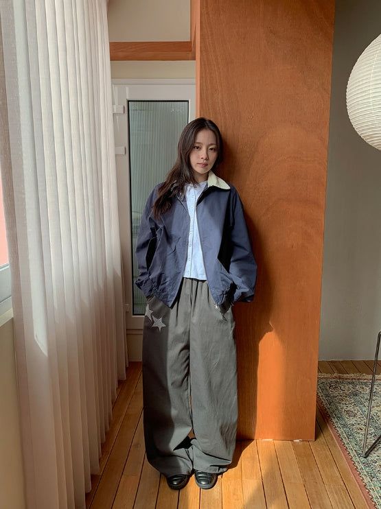 Tupe Coloring Collar Matching Collar Blouson Jumper