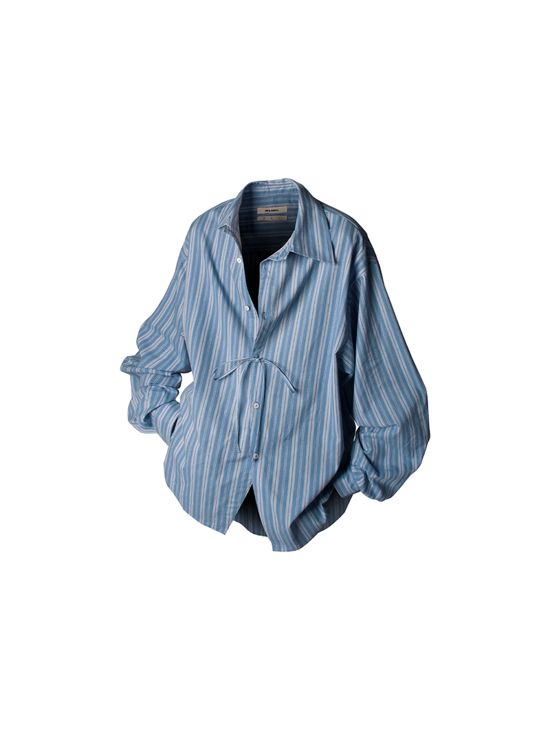 RELABEL Spatial Relations (Angular) Weave-patterned ethnic-inspired stripe ribbon Asymmetrical placket shirt