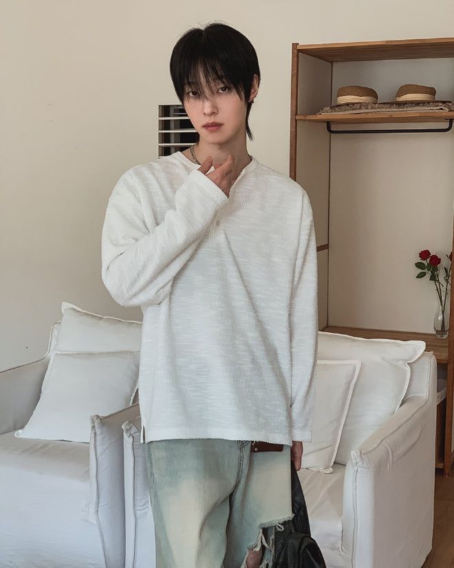 Bebro Tweed Henley Neck Long Sleeve Tee