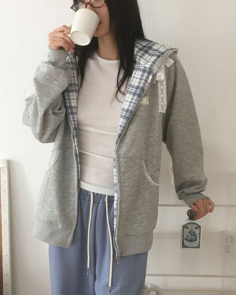 Kidder Check lace oversized-fit hooded zip-up
