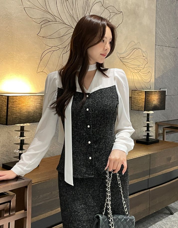 iam mari（アイアム マリ）の「Benilla Color Matching Tweed Tie Blouse（Tops）」