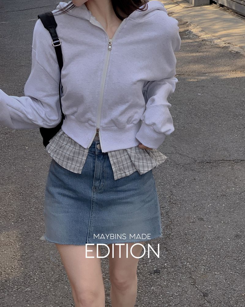 [MADE] Check frill hooded zip-up