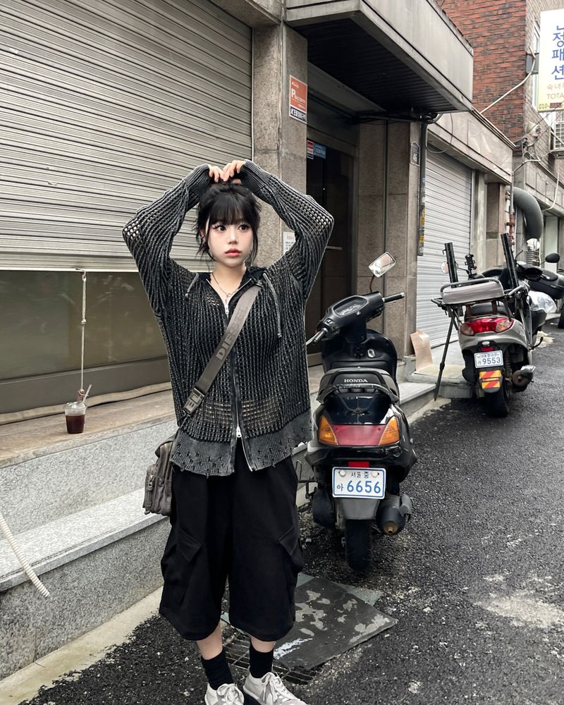 Dyeing Damage Mesh Hooded Zip-Up