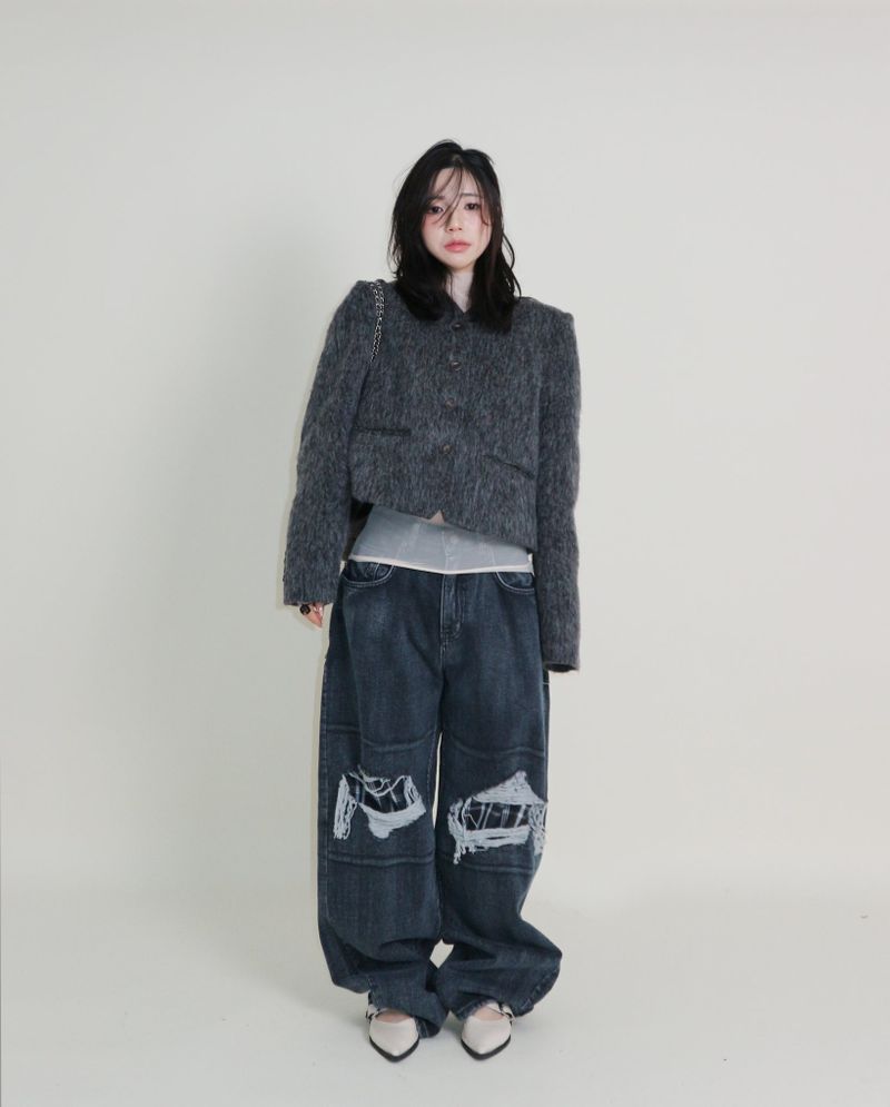 Linda Brush Mohair Crop Long Sleeve Jacket