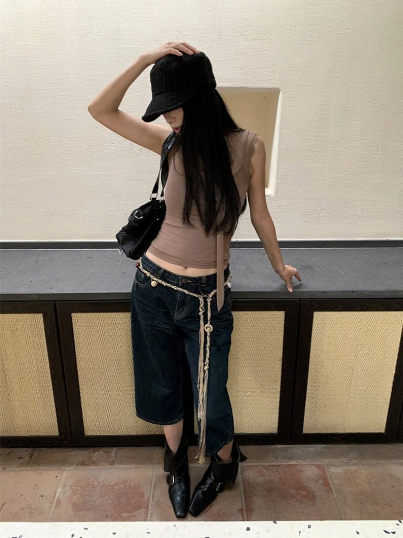 Retro straight capri denim pants