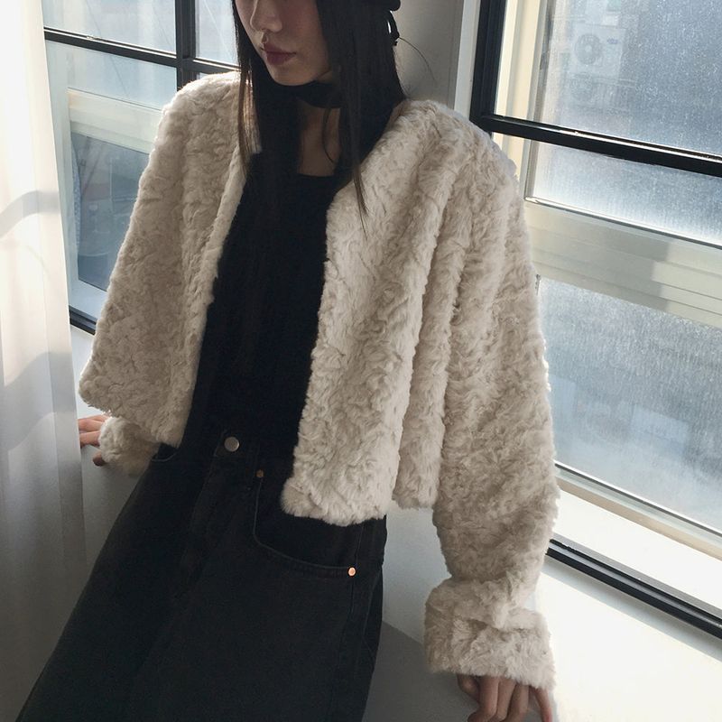 Lilt round no-collar fur jacket