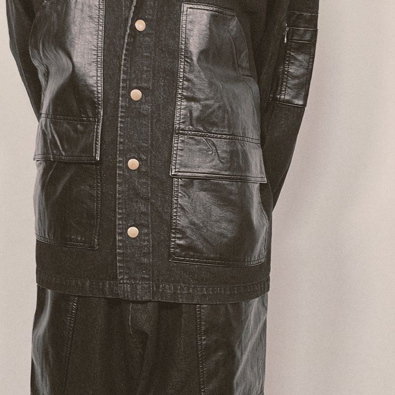 faux leather mix denim shirt_black