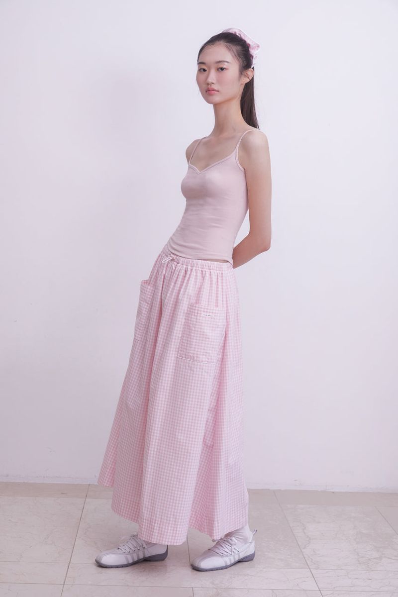 Gingham check pocket shirring Long skirt (PINK)
