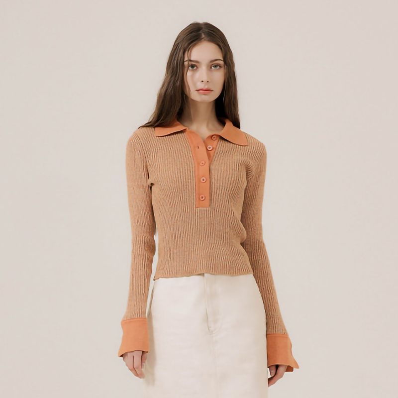 COLOR BLOCK LONG SLEEVED POLO KNIT - DEEP BEIGE