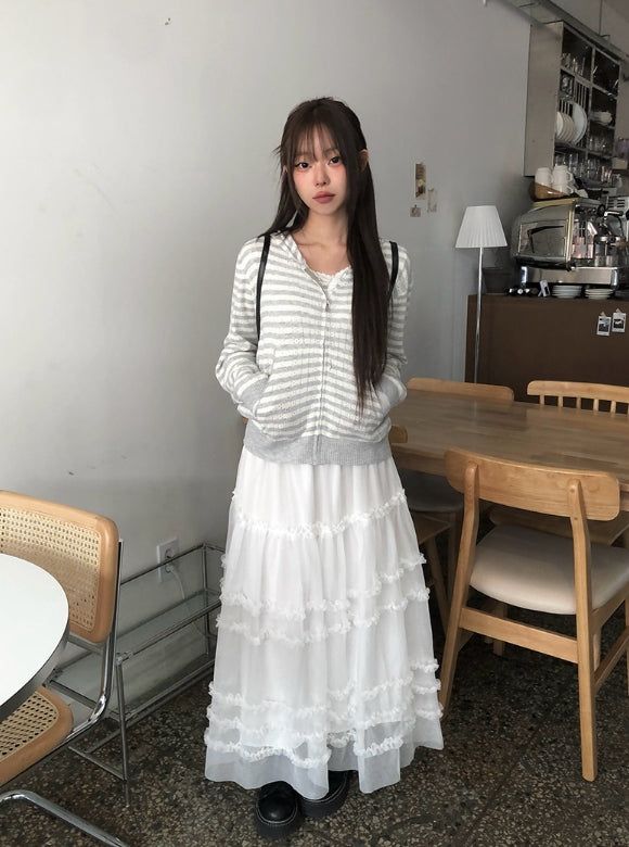 ペブルティアードフリルレースチュールロングスカート