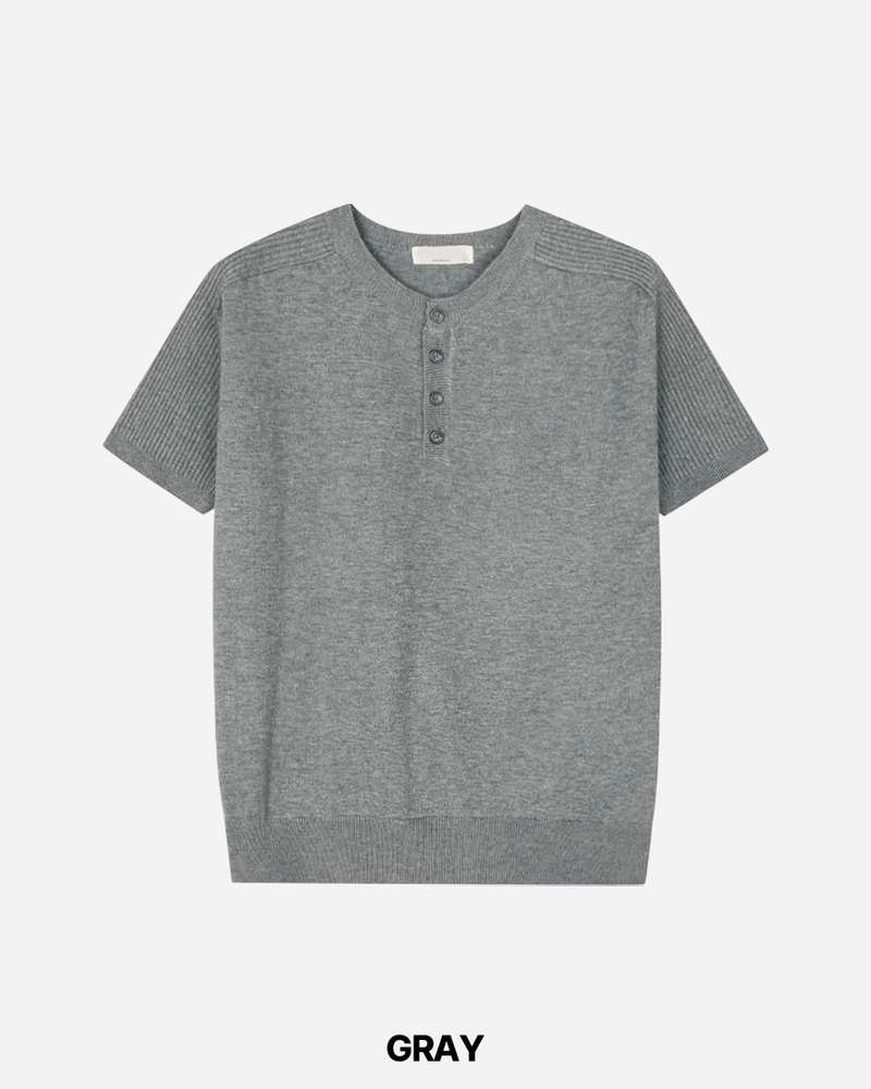 Needle Henley Neck Short Sleeve Knit