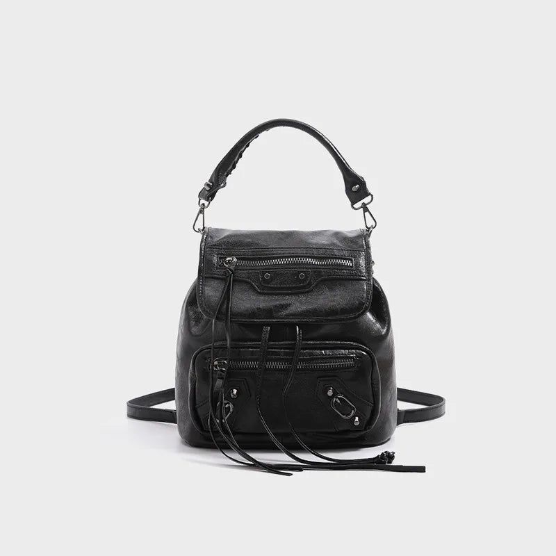 Y2K Oil-Waxed Leather Pocket Mini Backpack 2-Way