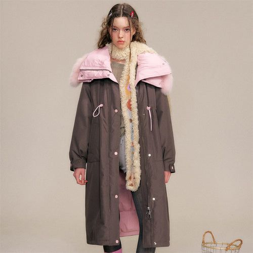 Two-tone Fox Fur Collar Oversized Down Coat