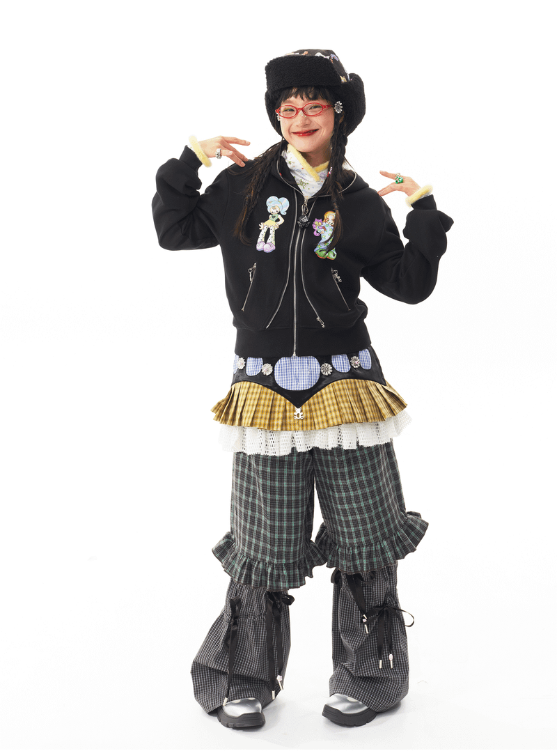 sillysis 黒のかわいい女の子イラスト、両頭金属ジッパー構造感スウェットパーカー