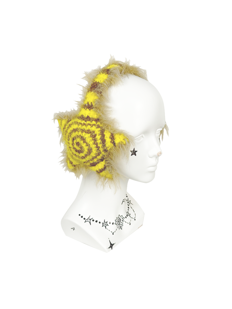 F4NFAN（ファンファン）の「ハンドメイド クロシェ スター イヤーマフ バナナラテ カラー（Yellow & Warm Latte Brown）（帽子）」
