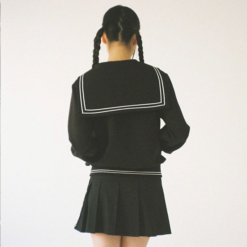 Sailor Collar Zip-Up Jacket - Black