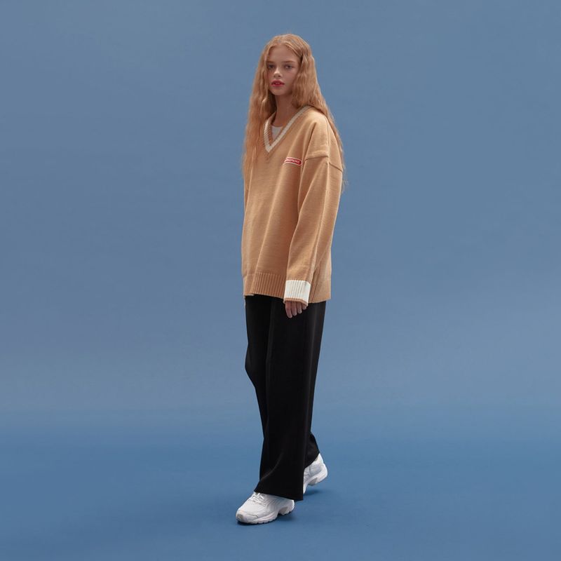 BASIC V NECK  KNIT SWEATER_BEIGE