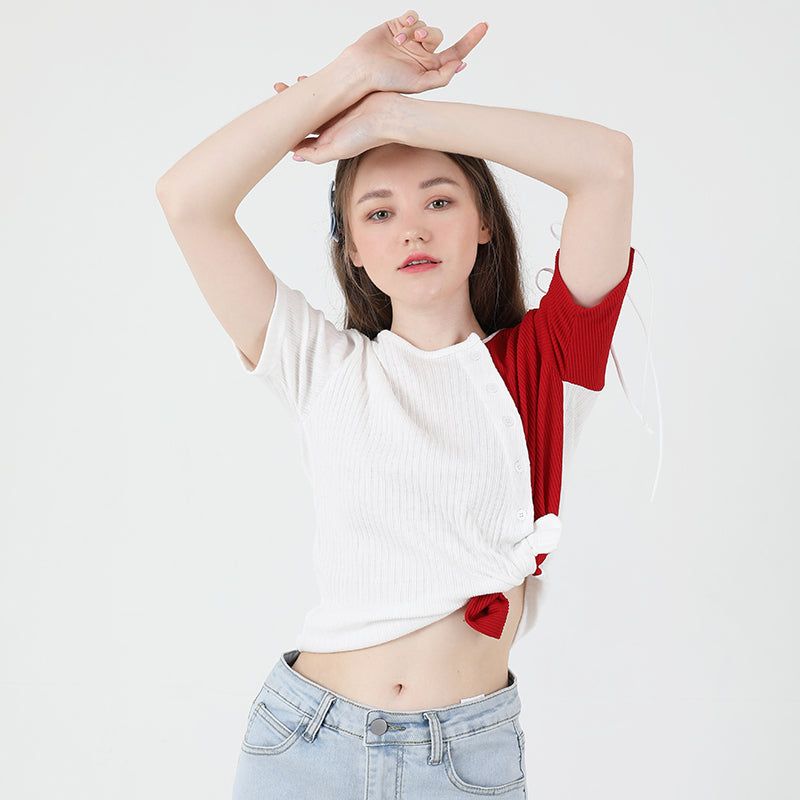 cattline（カトリーヌ）の「Slit Ribbon Half-Sleeve T-shirt Red（Tops）」