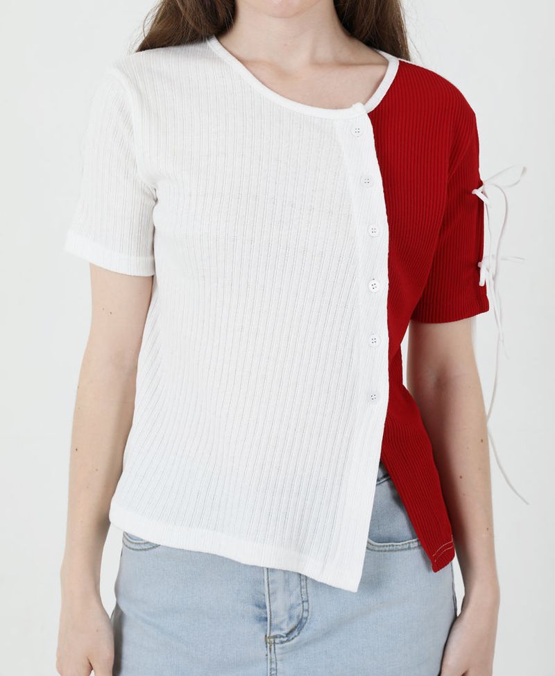 Slit Ribbon Half-Sleeve T-shirt Red