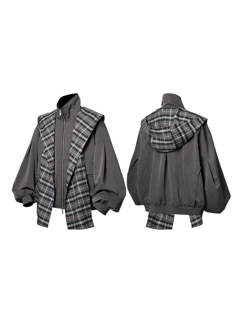 RELABEL Three-dimensional Composition(Extended Form) Detachable Check Shaped Hood Silhouette Draped Jacket