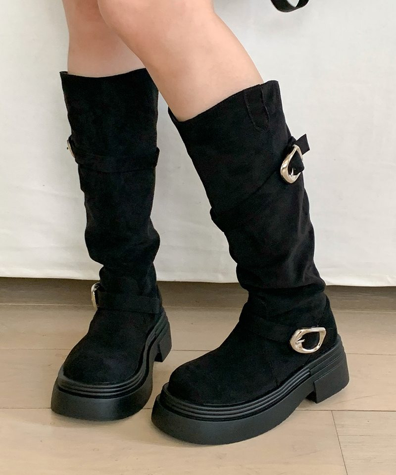 line suede buckle slouch long bootS