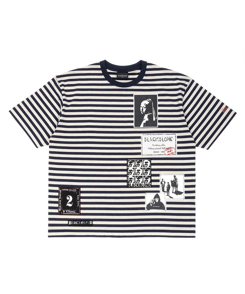 BLACKBLOND（ブラックブロンド）の「BBD アングザイエティ マルチ パッチ ストライプ Tシャツ(Navy&Sand)（トップス）」
