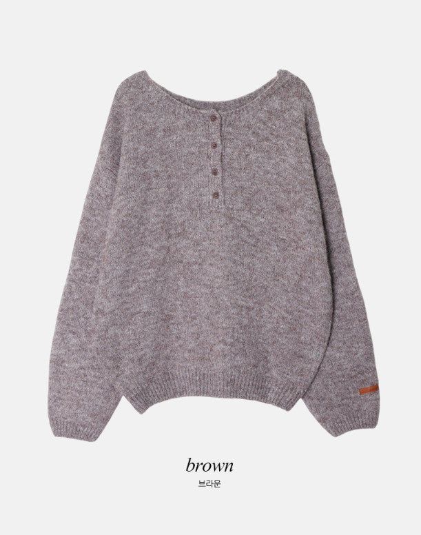Amelie Leather Patch Henry Neck Knit (5color)