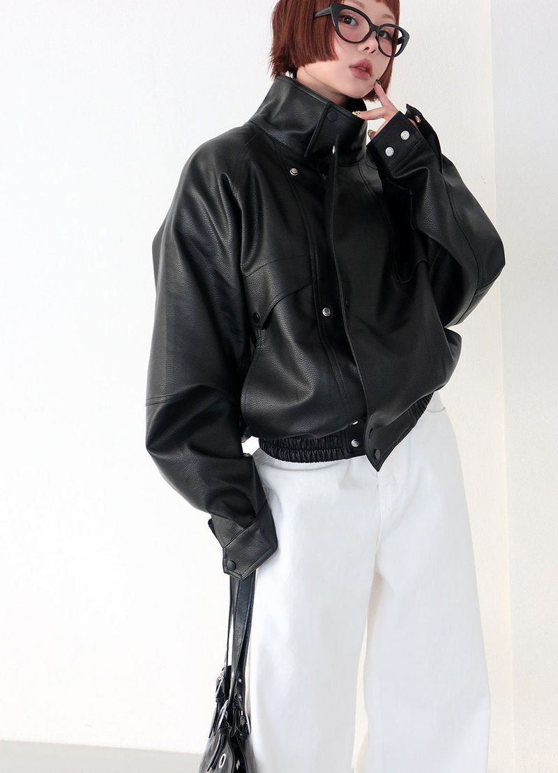 Laurent high neck leather jacket